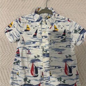 Crewcuts White Sailboat Button-Down Shirt with Blue, Red & Yellow Accents